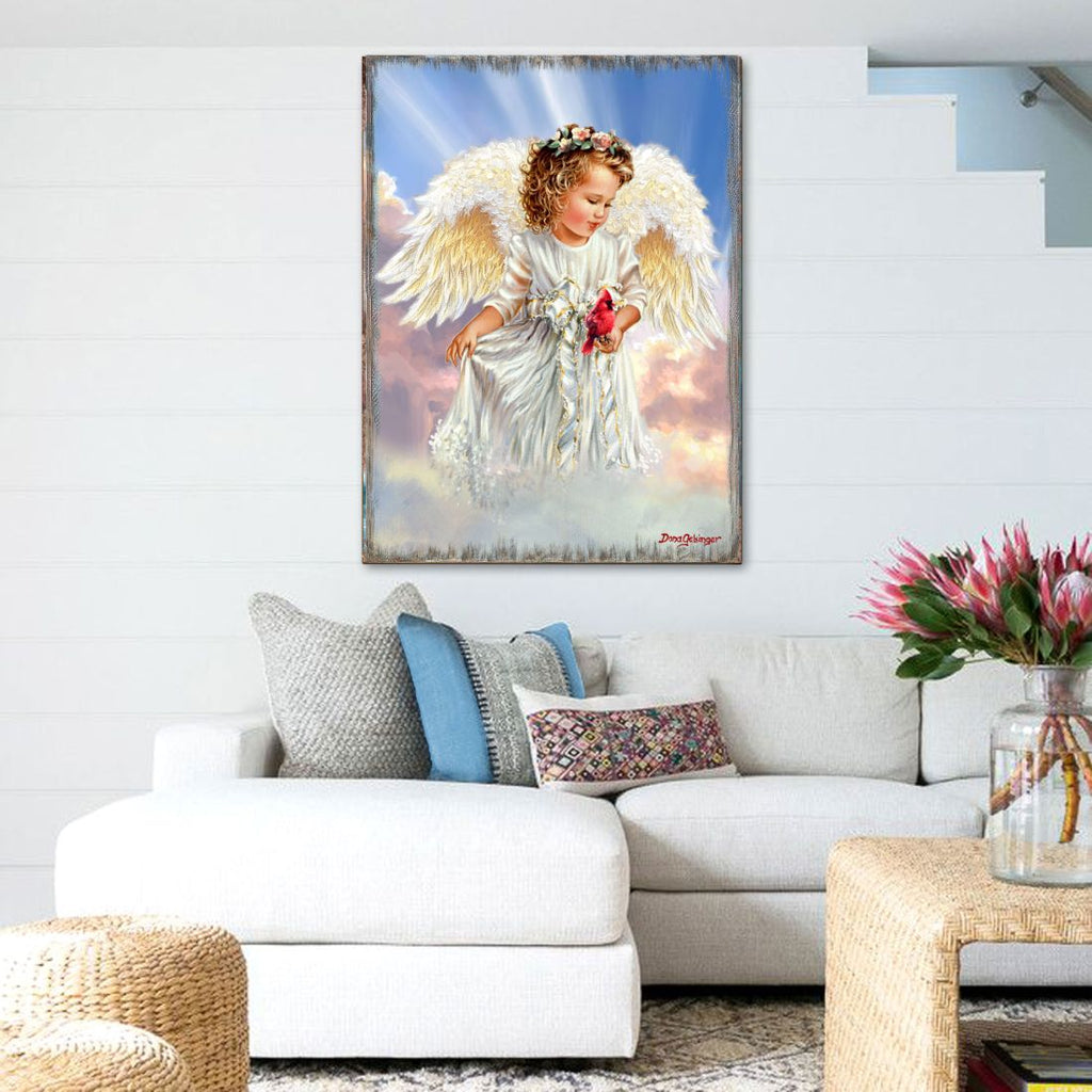 Angel with Cardinal Art Wooden Wall Art by D. Gelsinger - Nativity Holiday Decor - 95676B-DG