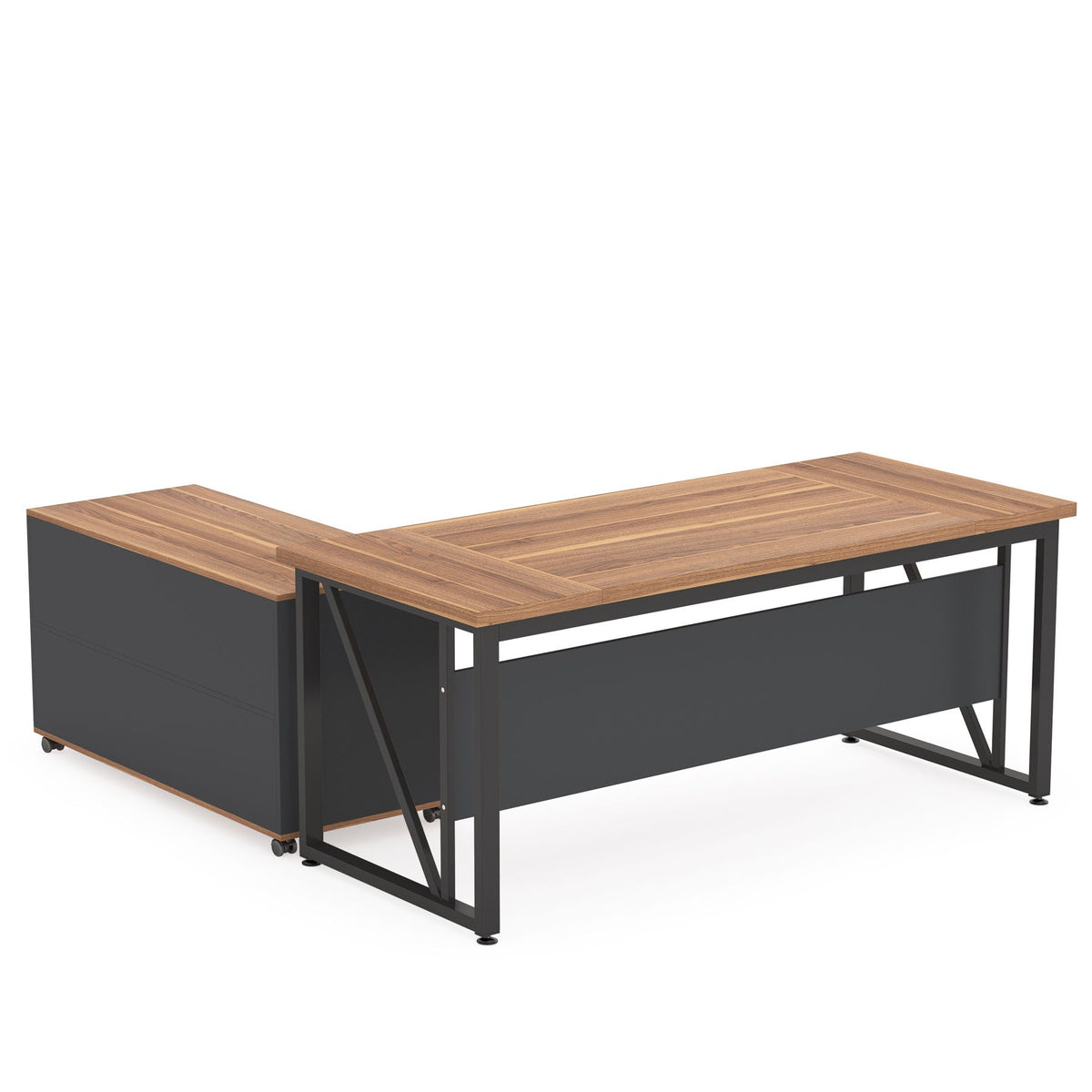L-Shaped Executive Desk With Mobile File Cabinet, Large Home Office Workstation With Drawers And Shelves - Brown / Black