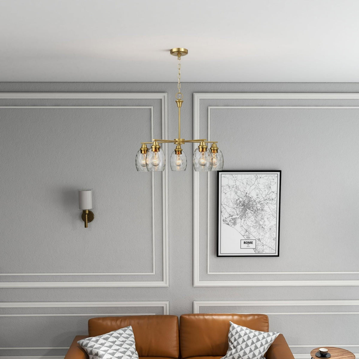 5 Lights Linear Arms With Chain Chandelier - Clear / Gold
