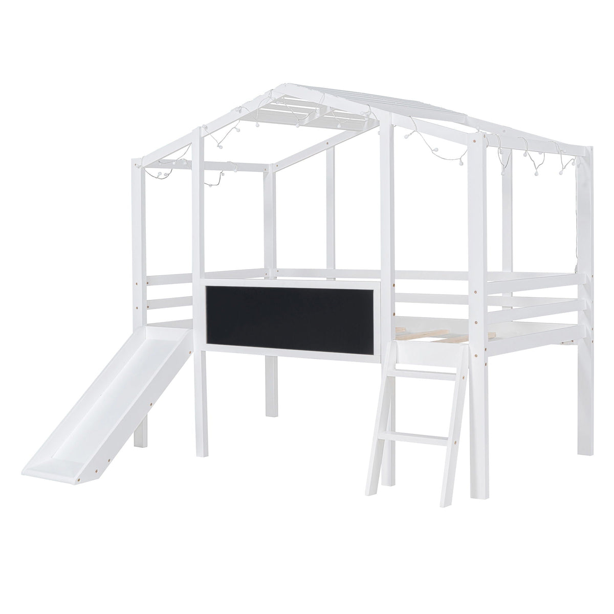 Loft House Bed With Ladder And Slide, With board And Light Strip On The Roof