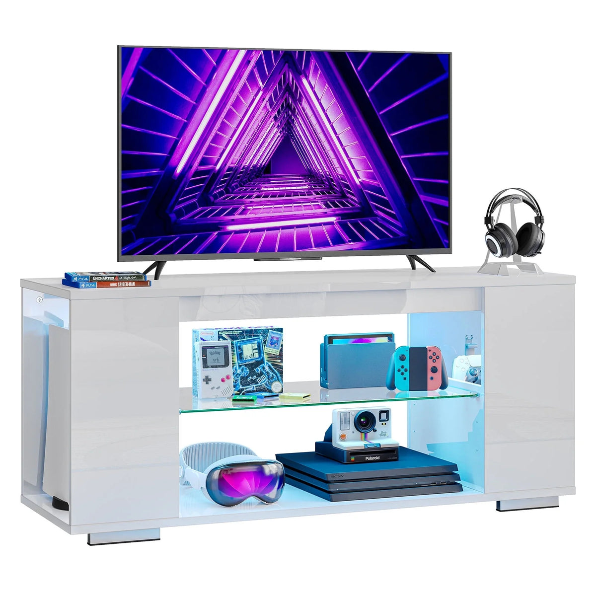 47'' TV Stand for Tvs up to 55", Gaming Entertainment Center with LED Lights, White