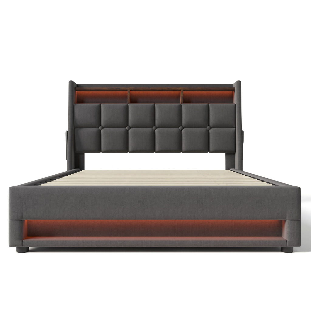 Platform Bed With Hydraulic Storage, LED Lighting & Charging Station