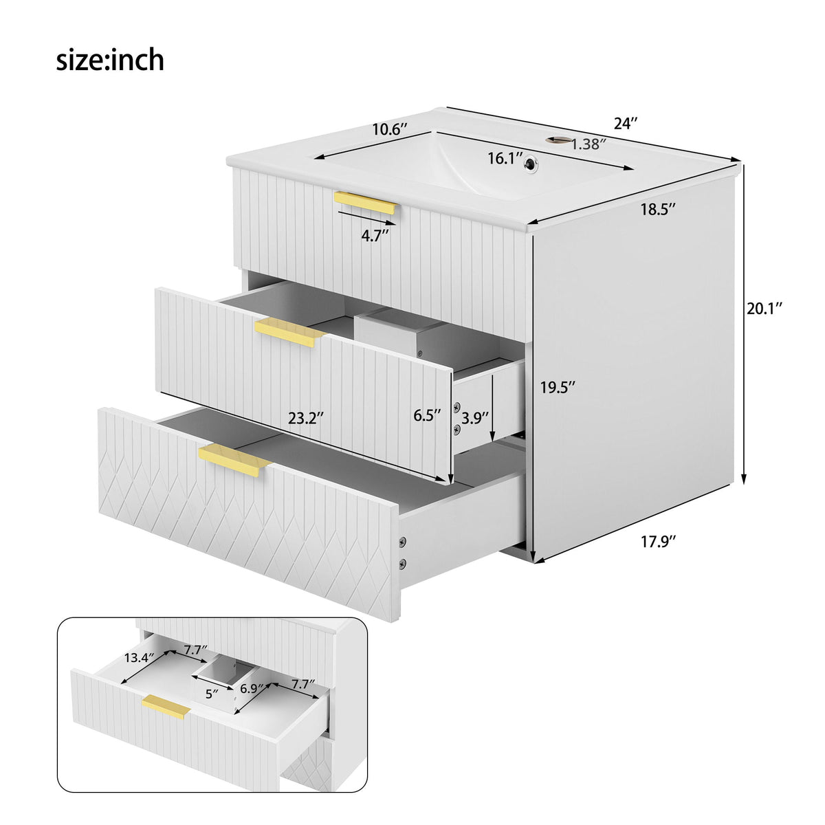 Wall Mounted Floating Cabinet With Double Drawer, Rectangular Sink