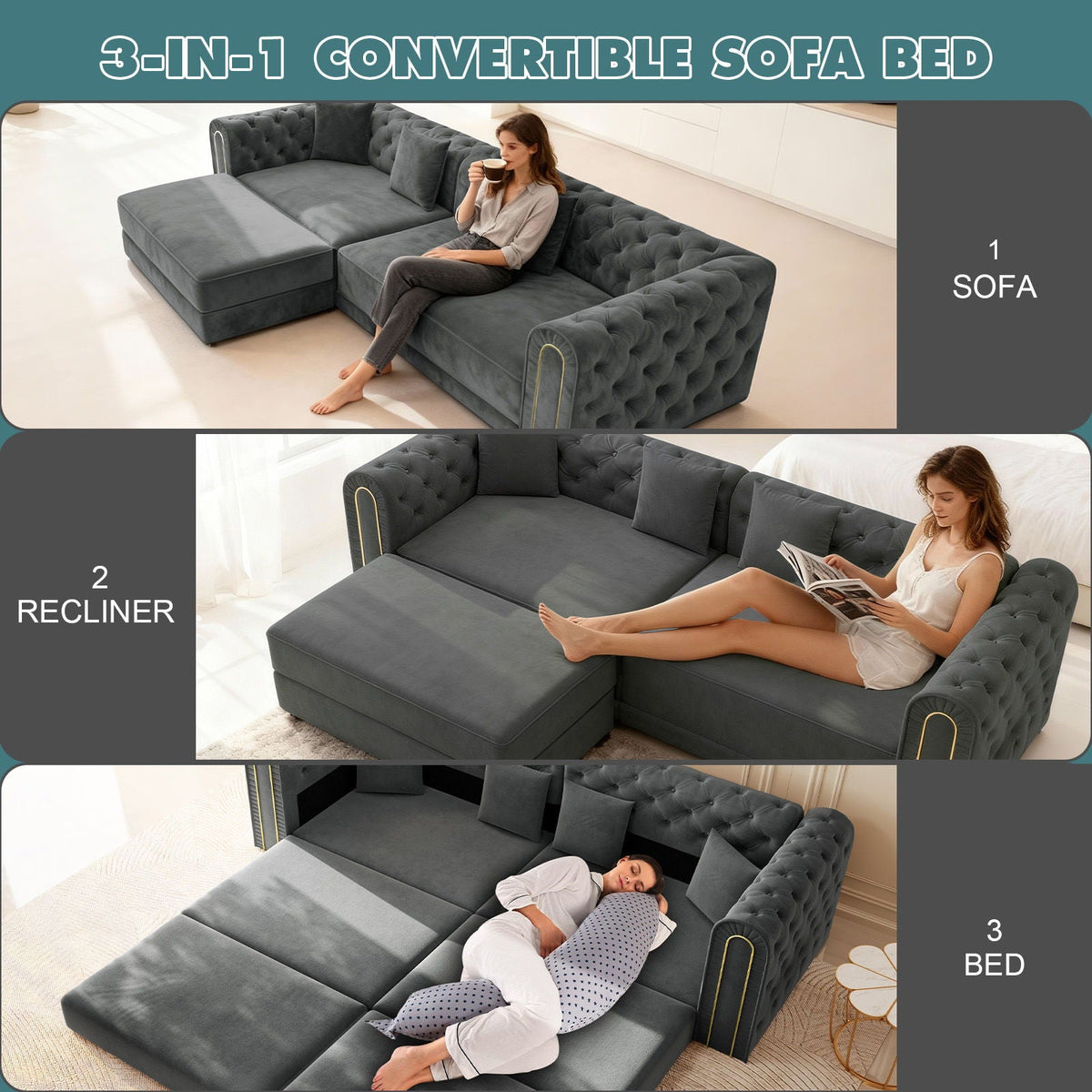 3-In-1 Convertible Sleeper Sofa With Movable Ottoman For Living Room