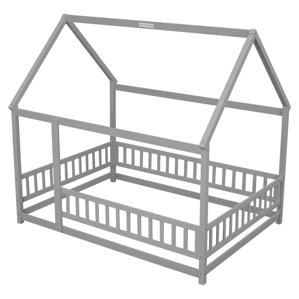 Floor Wooden Bed With House Roof Frame, Fence Guardrails