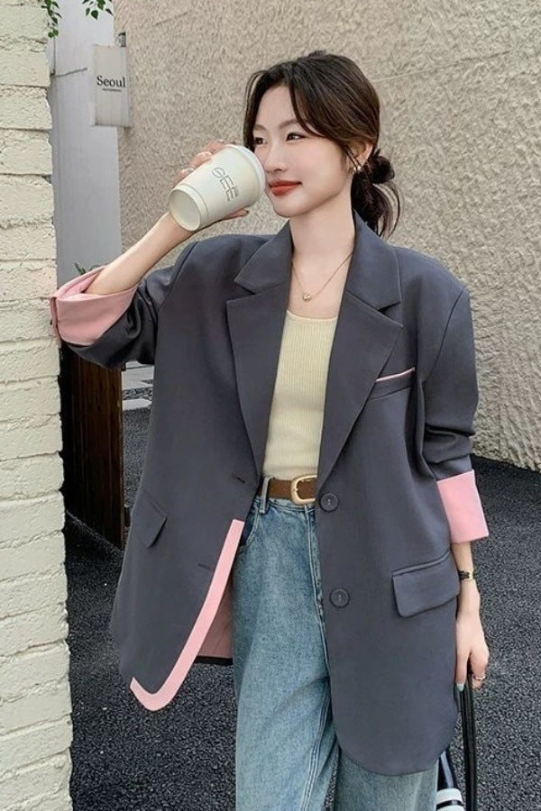 Gray Fashionable Patchwork Color-Block Blazer