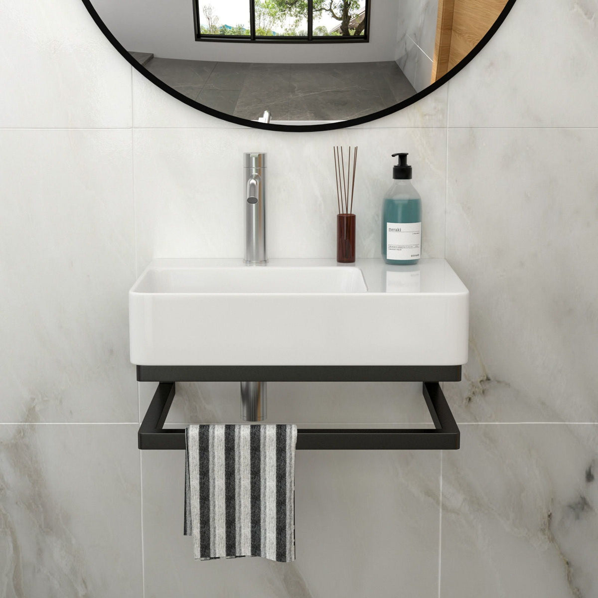 Wall Mounted Rectangular Bathroom Sink With Towel Bar And Faucet Hole - White