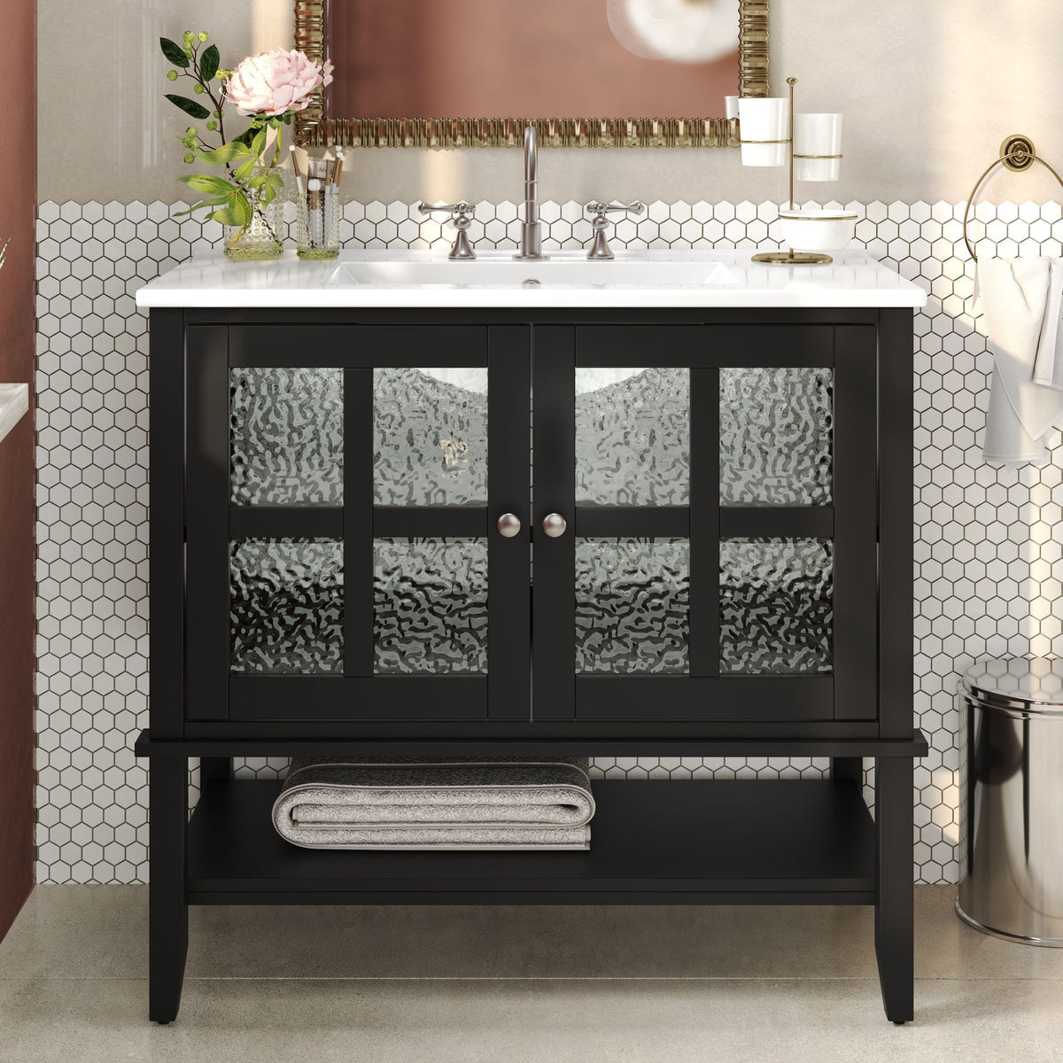 Bathroom Vanity With Ceramic Sink, Adjustable & Open Shelf