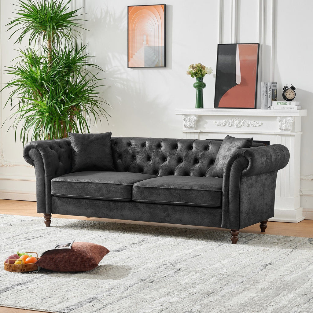 Chesterfield Sofa, High Tech Fabric Roll Armrest, 3 Seater Mid Century Modern Couch - Black