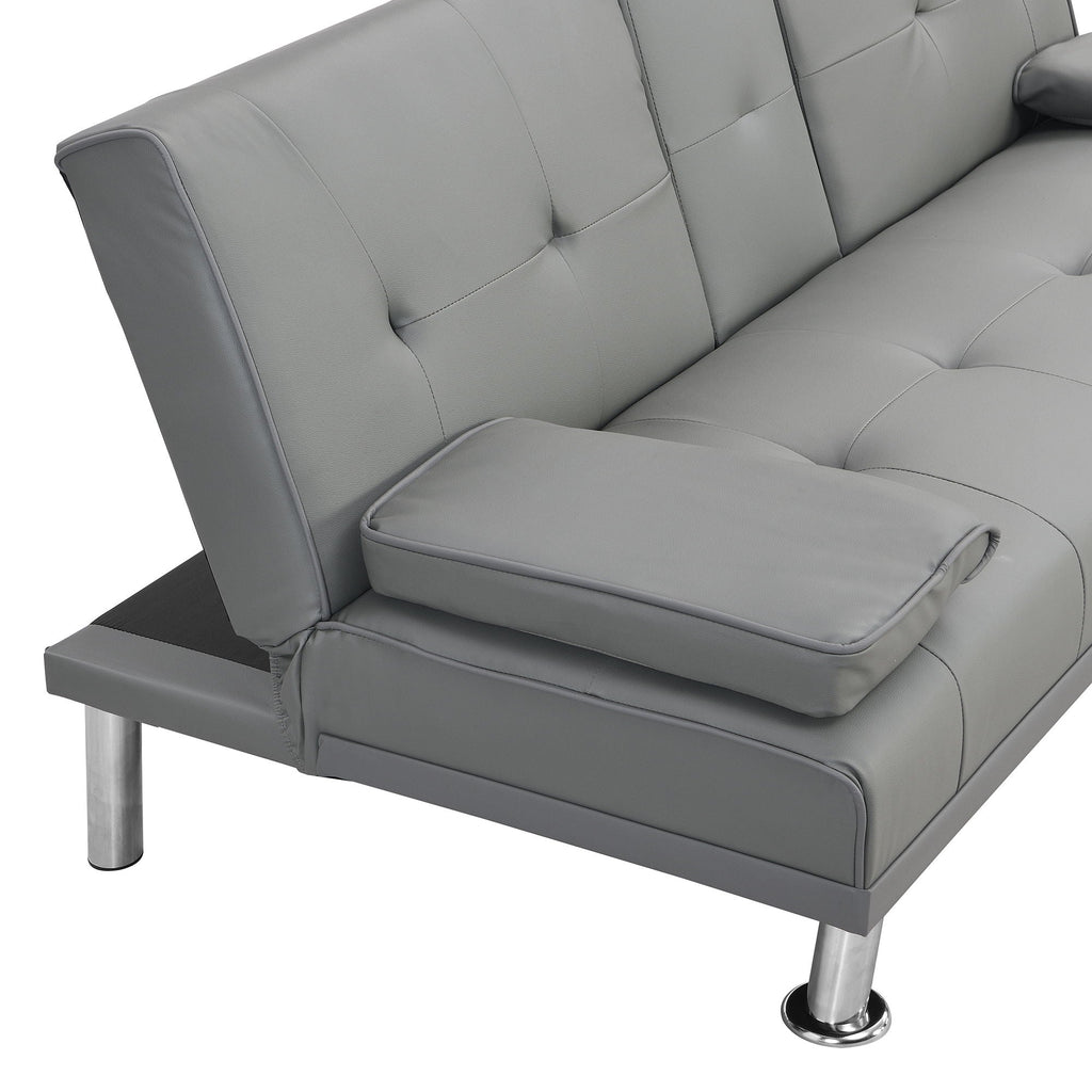 Sofa Bed With Armrest Two Holders Wood Frame, Stainless Leg Futon - Gray