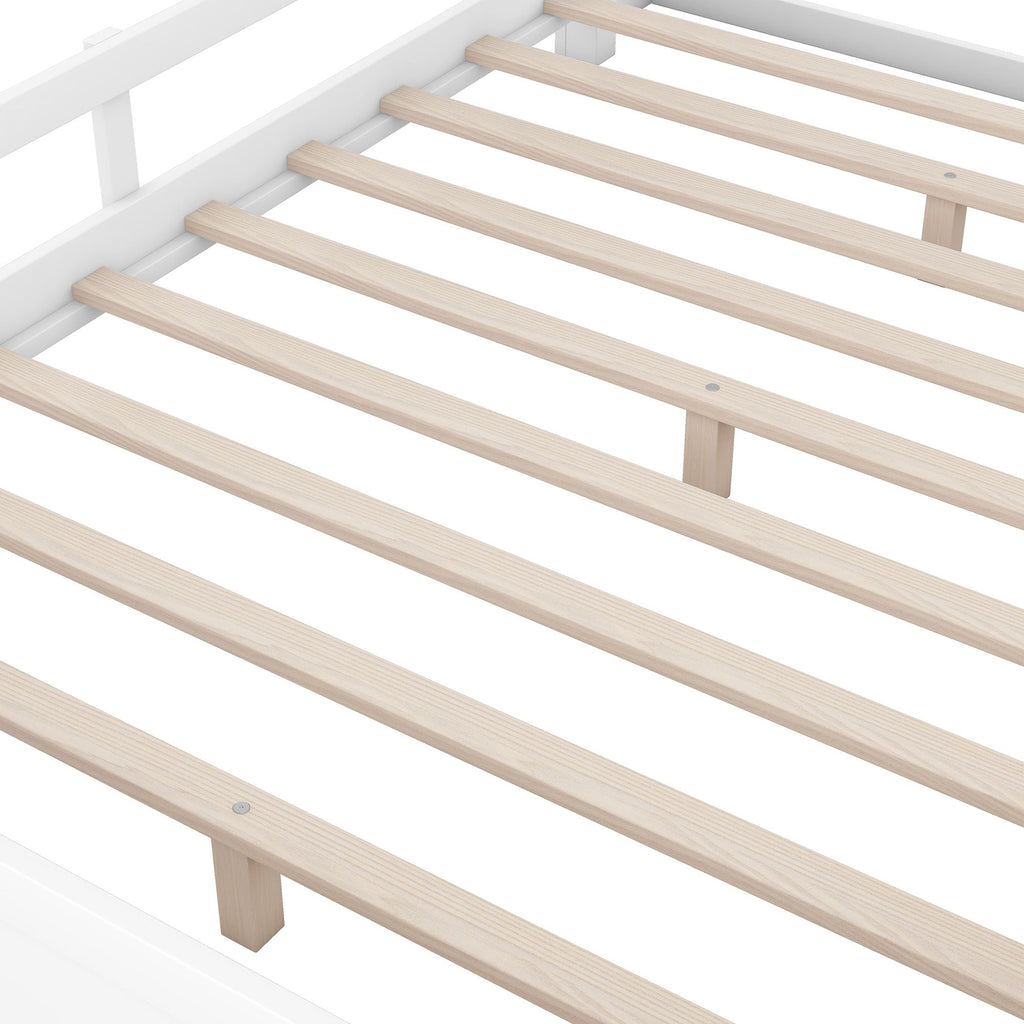 Wood Platform Bed With Built In LED Light, Storage Headboard And Guardrail