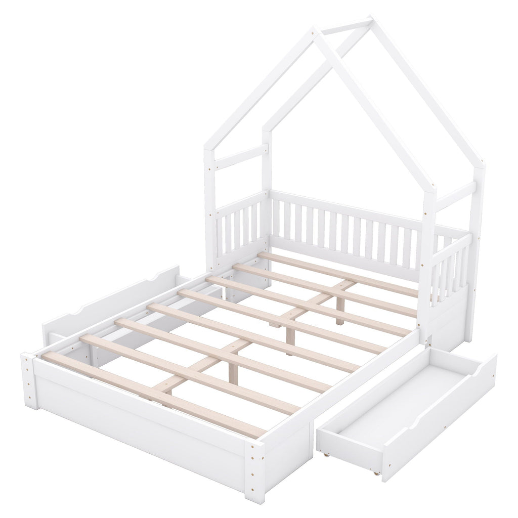 House Style Platform Bed With Guardrail And 2 Drawers