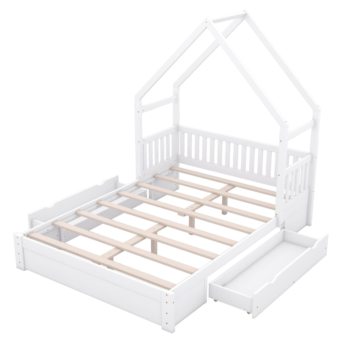 House Style Platform Bed With Guardrail And 2 Drawers