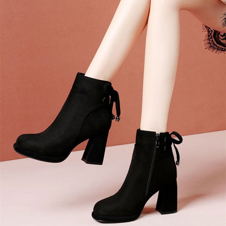 Women's Suede Chunky Heel Ankle Boots – Round Toe Back Zip