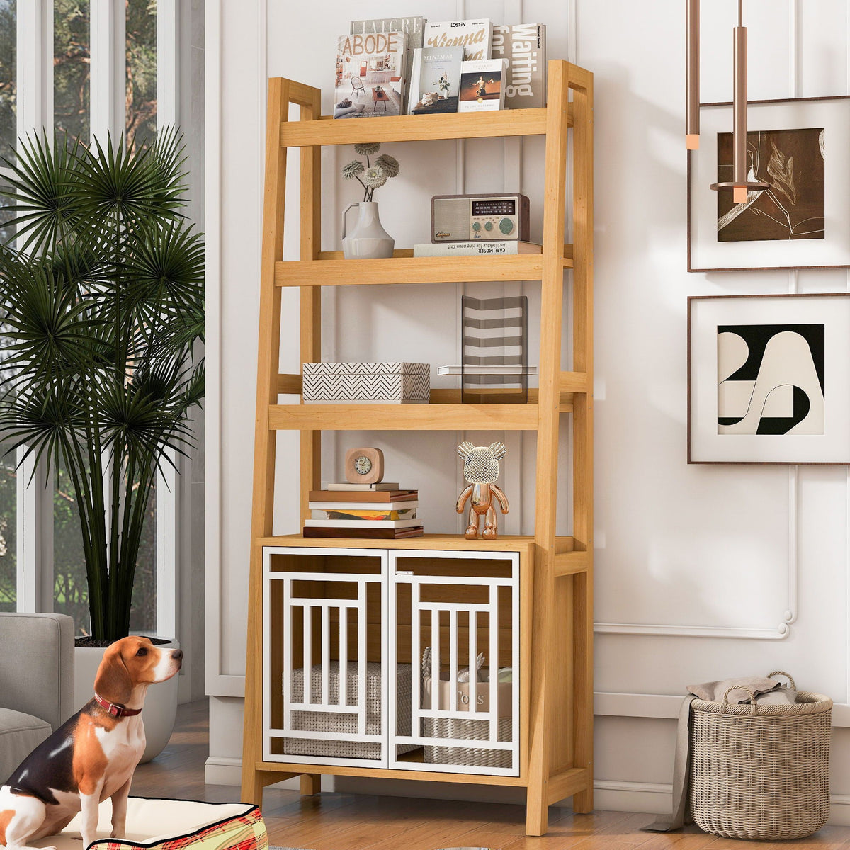 Modern Furniture Style 2 In 1 Pet Friendly Dog Crate Ladder Bookcase - Ancient Oak