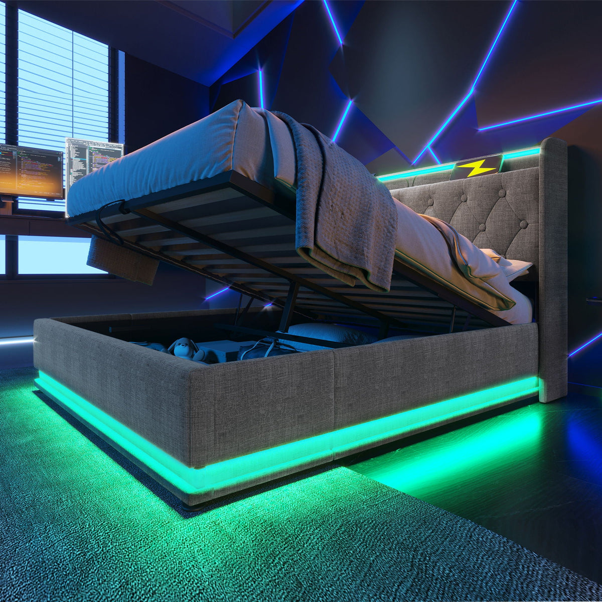 Upholstered Bed, 360 Surround LED Function, Remote Control, Hydraulic Storage Bed With USB, Type-C Charging (Without Mattress)