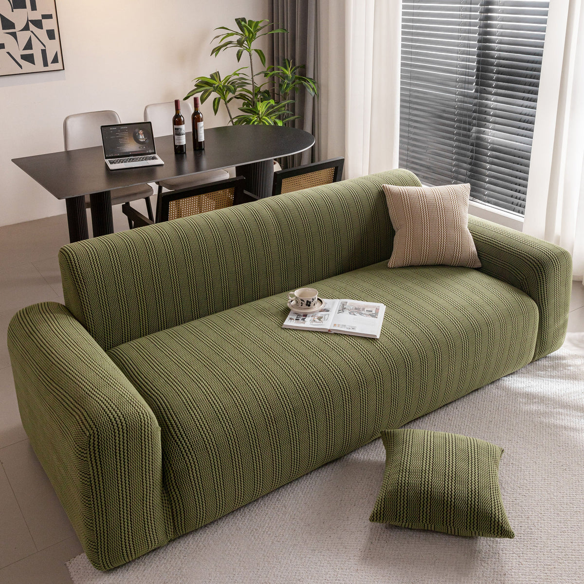 Modern Textured Stretch Sofa Cover, Plush Fleece Sofa Slipcover with 3D Stripe Texture