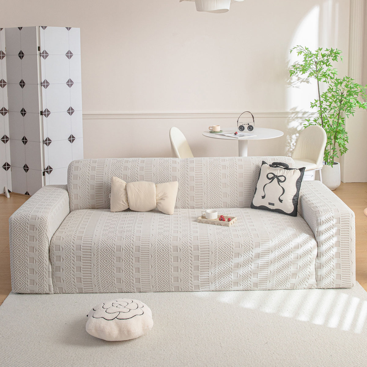 High Stretch Embossed Geometric Slipcover for Couch, Cozy Plush Fleece Couch Cover
