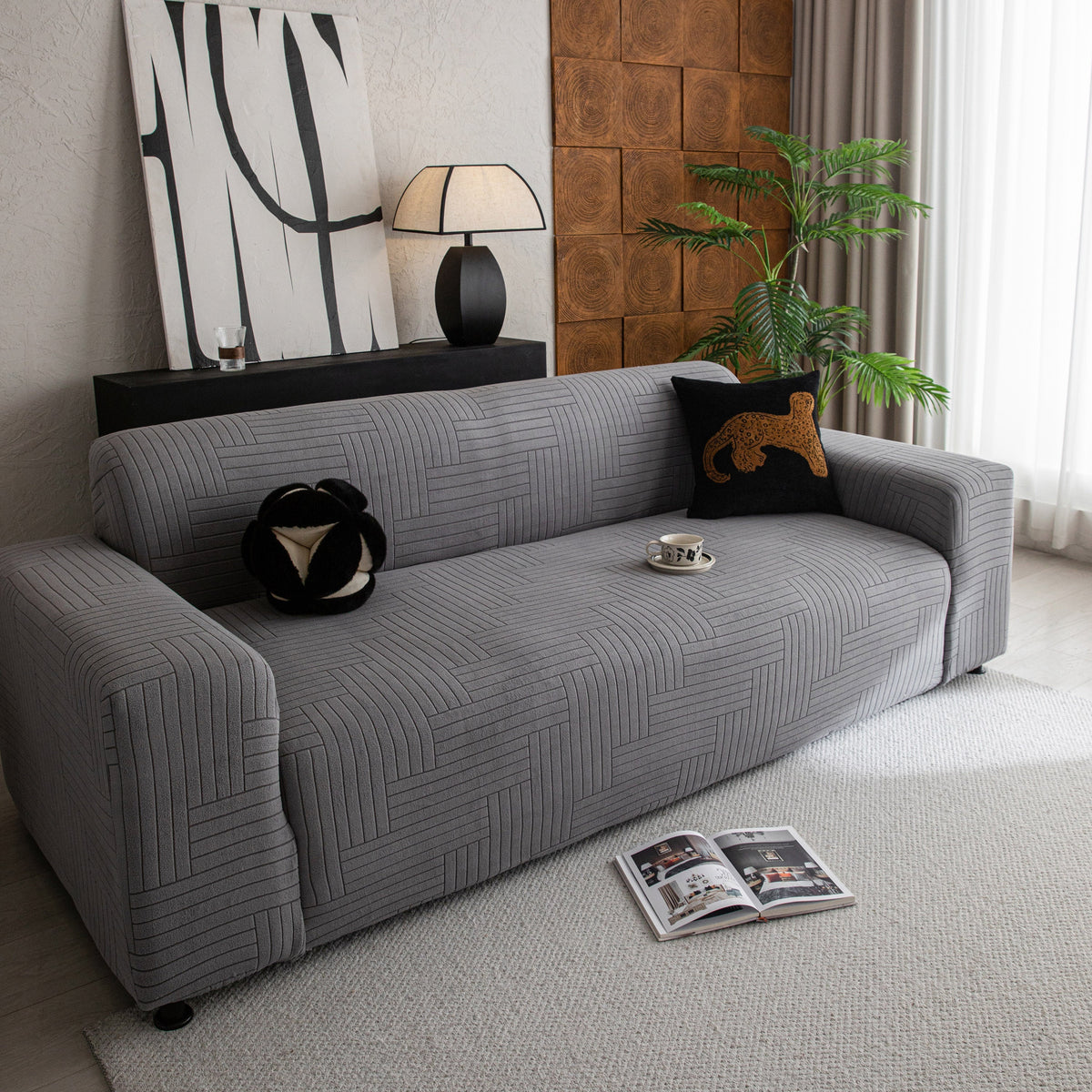 Modern Geometric Jacquard Spandex Slipcover, High Stretch Form Fitting Couch Cover