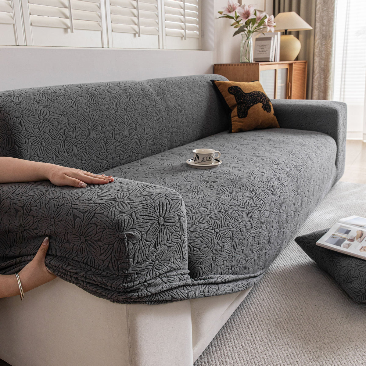 High Elastic Floral Couch Slipcover, Jacquard Stretch Non-Slip Furniture Protector