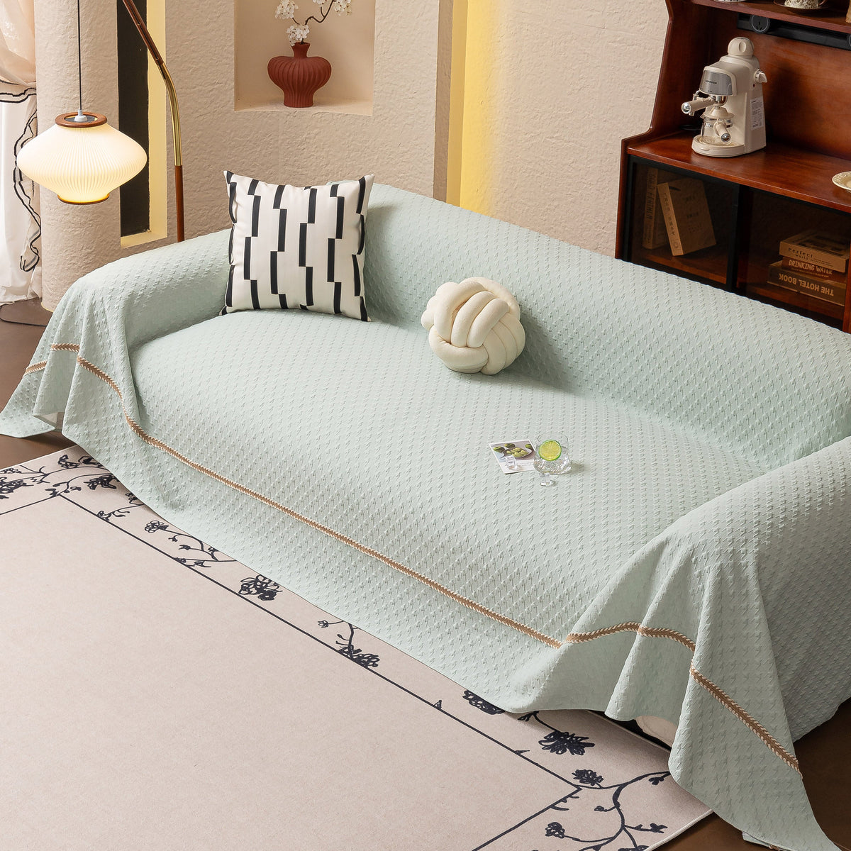 Jacquard Ice Silk Sofa Throw Cover with Gold Trim, Summer Cooling Couch Slipcover
