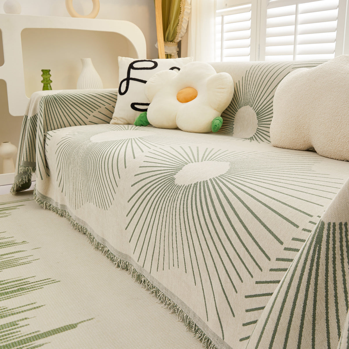 Geometric Radial Striped L-Shape Sofa Cover: Thick, Reversible Furniture Blanket for Kids and Pets
