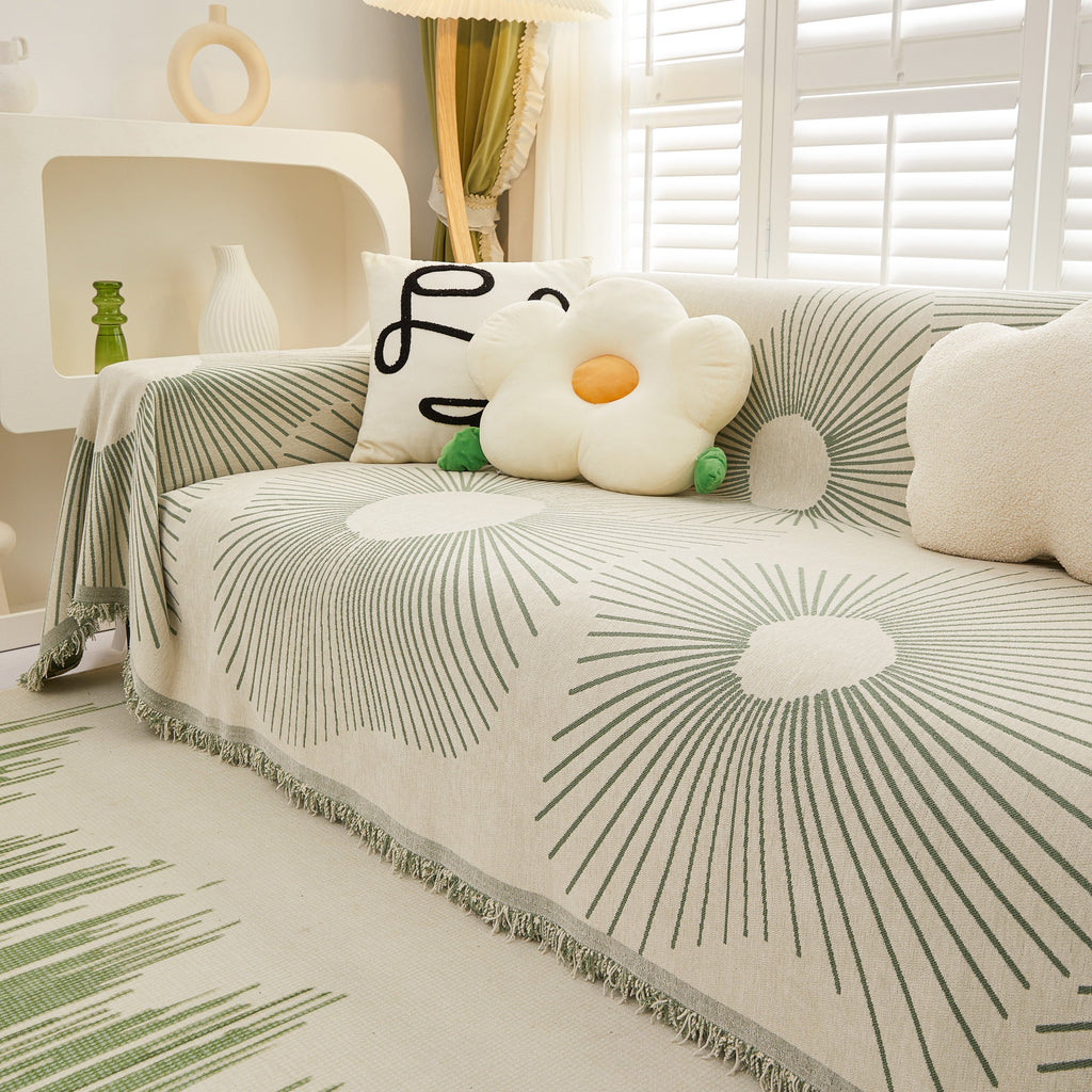 Geometric Radial Striped L-Shape Sofa Cover: Thick, Reversible Furniture Blanket for Kids and Pets