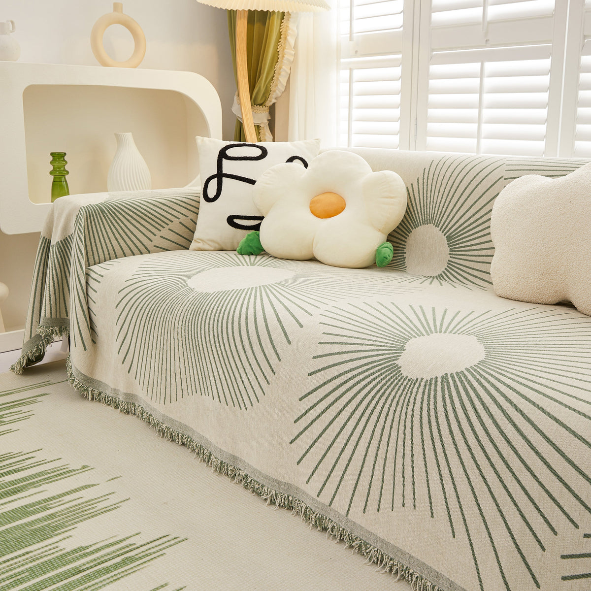 Geometric Radial Striped L-Shape Sofa Cover: Thick, Reversible Furniture Blanket for Kids and Pets
