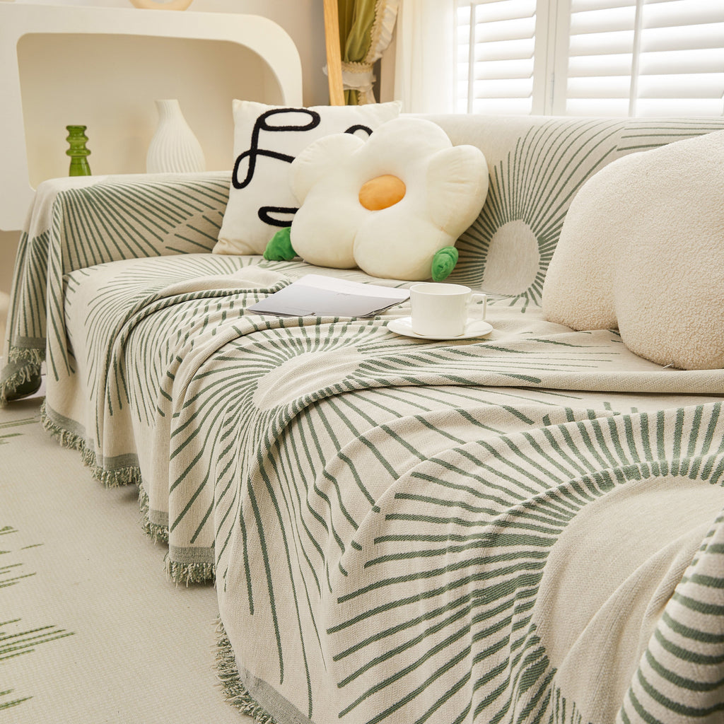 Geometric Radial Striped L-Shape Sofa Cover: Thick, Reversible Furniture Blanket for Kids and Pets