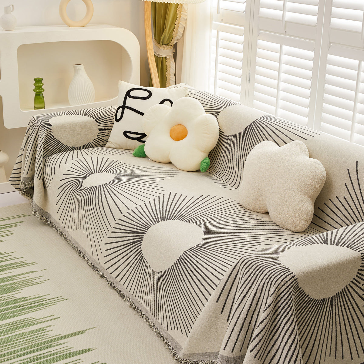 Geometric Radial Striped L-Shape Sofa Cover: Thick, Reversible Furniture Blanket for Kids and Pets