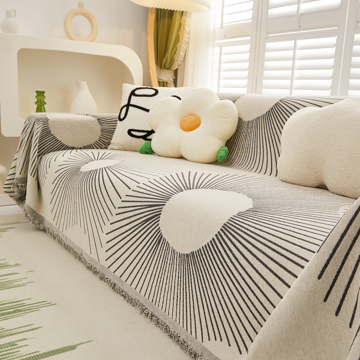 Geometric Radial Striped L-Shape Sofa Cover: Thick, Reversible Furniture Blanket for Kids and Pets