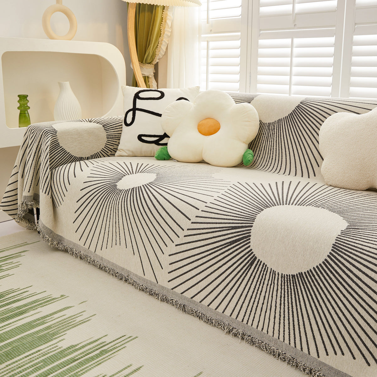 Geometric Radial Striped L-Shape Sofa Cover: Thick, Reversible Furniture Blanket for Kids and Pets