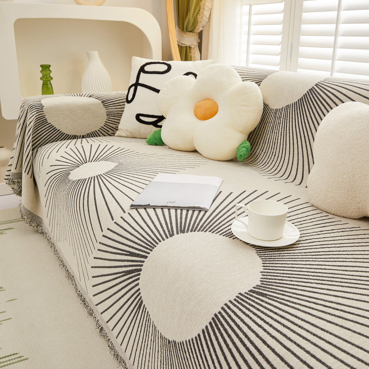 Geometric Radial Striped L-Shape Sofa Cover: Thick, Reversible Furniture Blanket for Kids and Pets