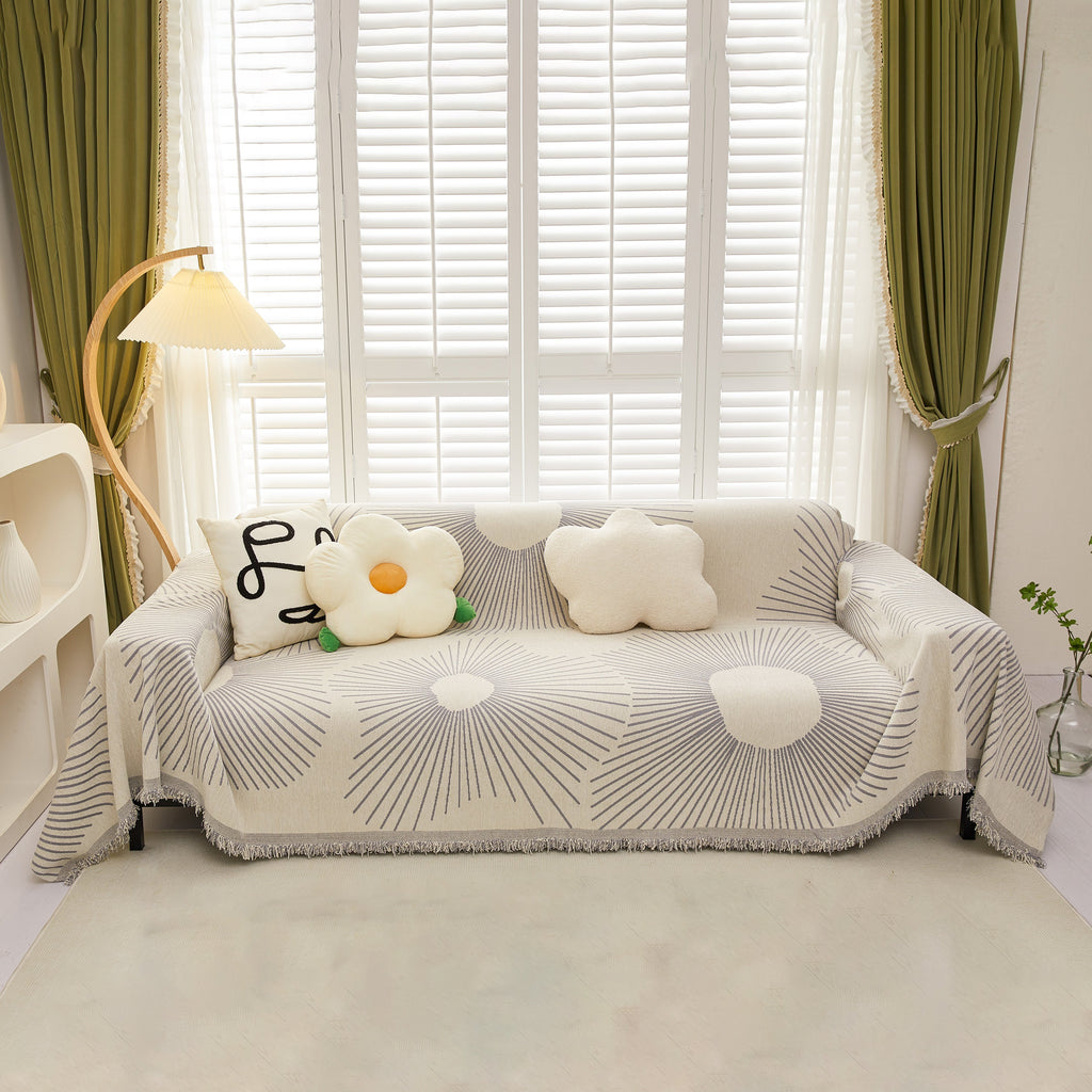 Geometric Radial Striped L-Shape Sofa Cover: Thick, Reversible Furniture Blanket for Kids and Pets