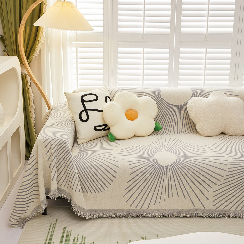 Geometric Radial Striped L-Shape Sofa Cover: Thick, Reversible Furniture Blanket for Kids and Pets