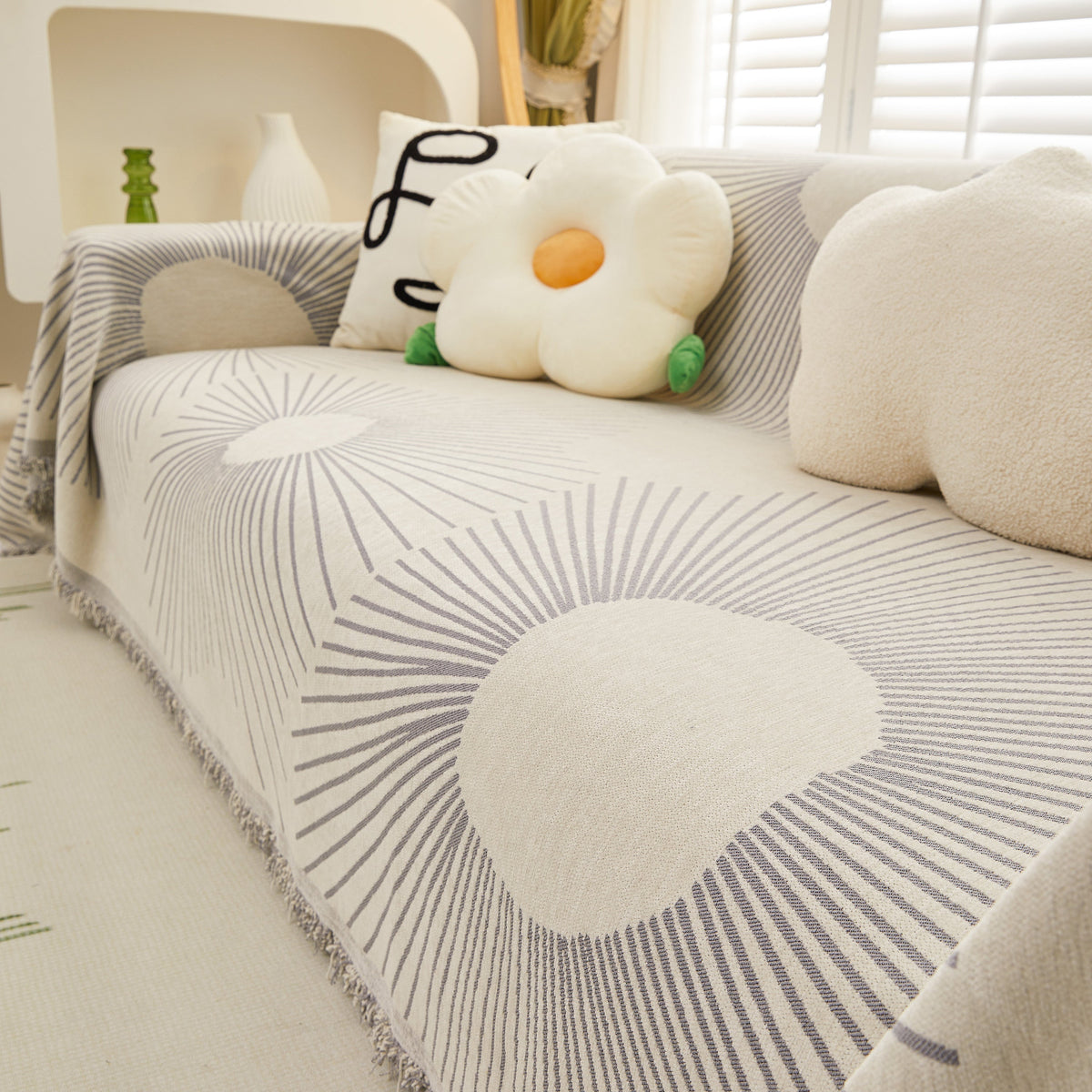 Geometric Radial Striped L-Shape Sofa Cover: Thick, Reversible Furniture Blanket for Kids and Pets