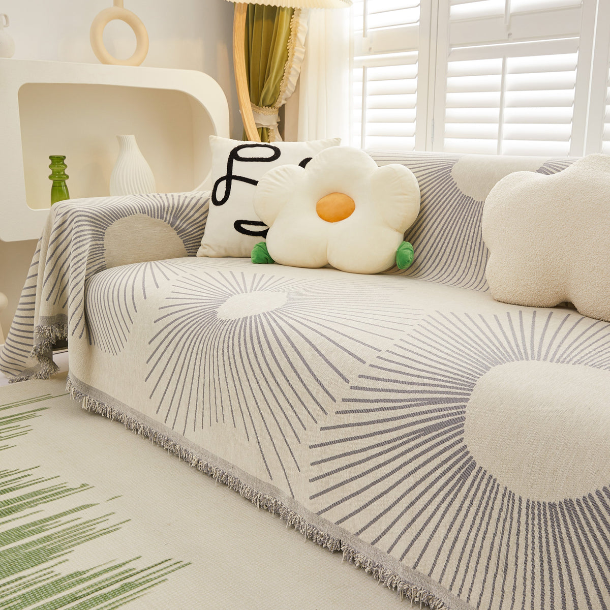 Geometric Radial Striped L-Shape Sofa Cover: Thick, Reversible Furniture Blanket for Kids and Pets