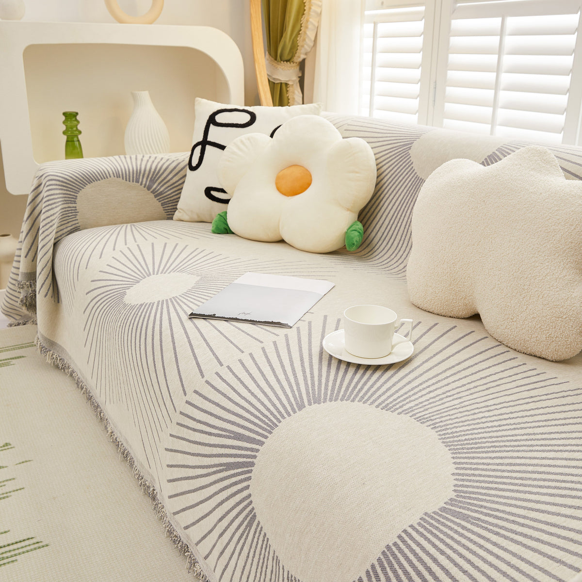 Geometric Radial Striped L-Shape Sofa Cover: Thick, Reversible Furniture Blanket for Kids and Pets