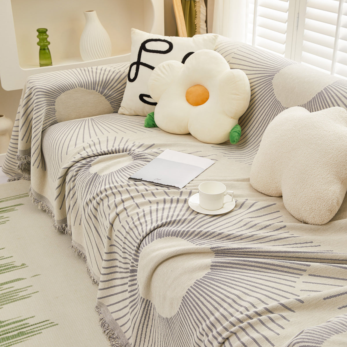 Geometric Radial Striped L-Shape Sofa Cover: Thick, Reversible Furniture Blanket for Kids and Pets