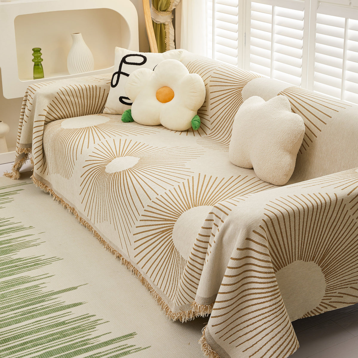 Geometric Radial Striped L-Shape Sofa Cover: Thick, Reversible Furniture Blanket for Kids and Pets