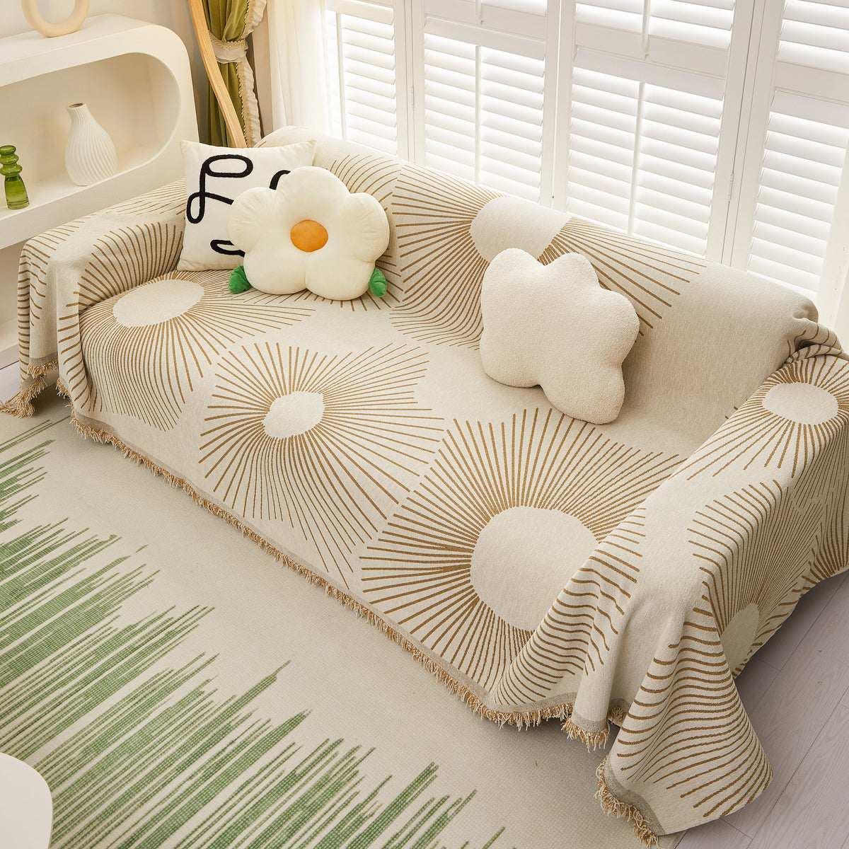 Geometric Radial Striped L-Shape Sofa Cover: Thick, Reversible Furniture Blanket for Kids and Pets