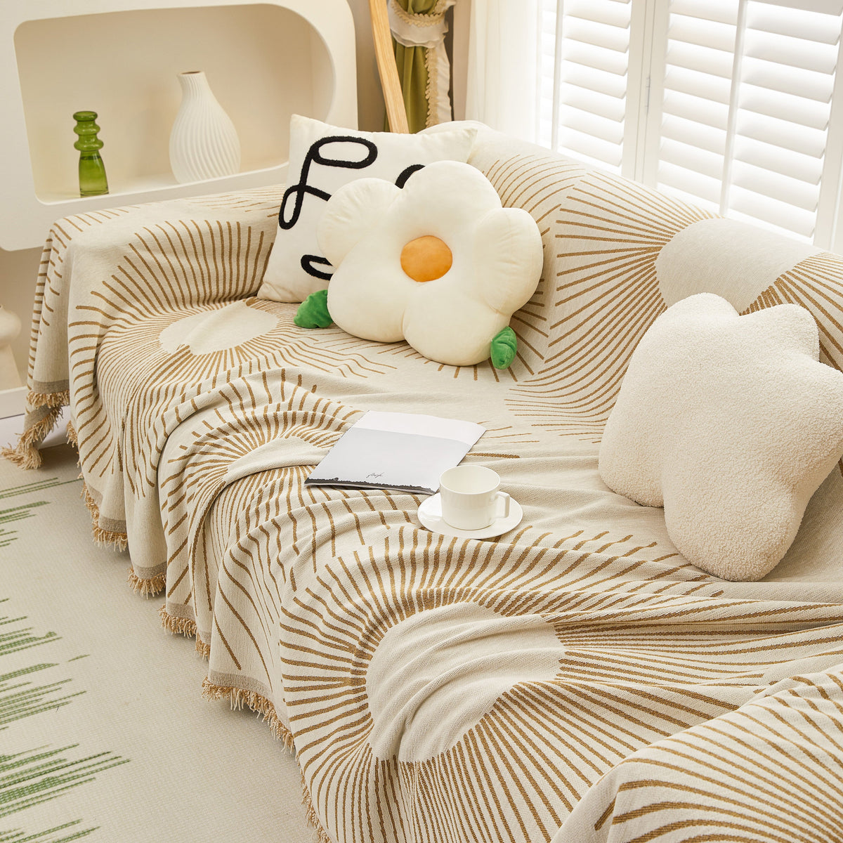 Geometric Radial Striped L-Shape Sofa Cover: Thick, Reversible Furniture Blanket for Kids and Pets
