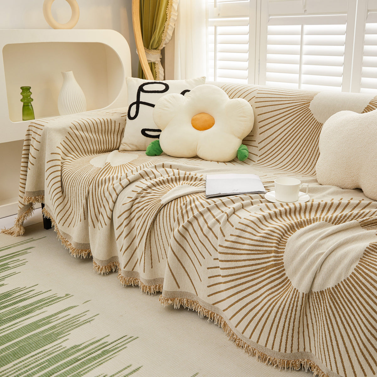 Geometric Radial Striped L-Shape Sofa Cover: Thick, Reversible Furniture Blanket for Kids and Pets