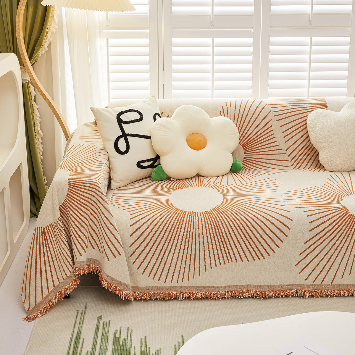 Geometric Radial Striped L-Shape Sofa Cover: Thick, Reversible Furniture Blanket for Kids and Pets