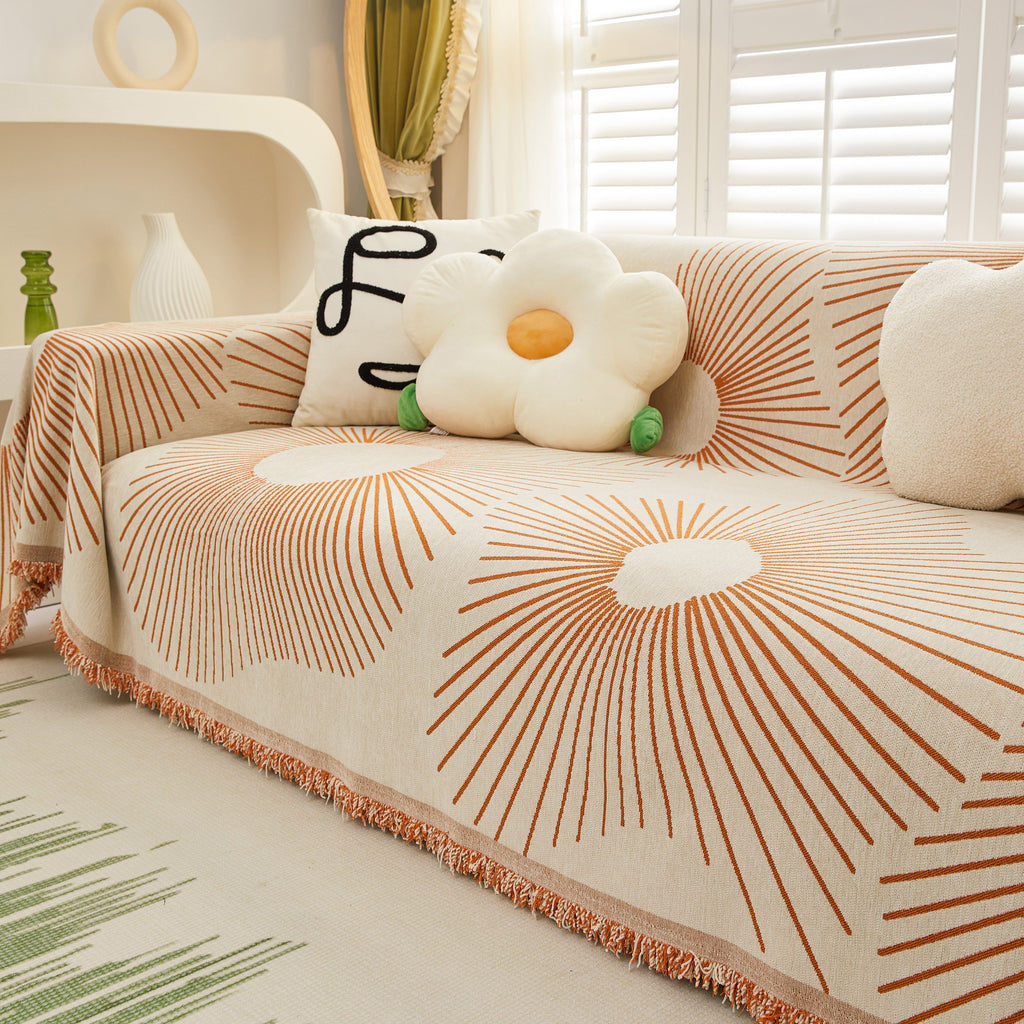 Geometric Radial Striped L-Shape Sofa Cover: Thick, Reversible Furniture Blanket for Kids and Pets