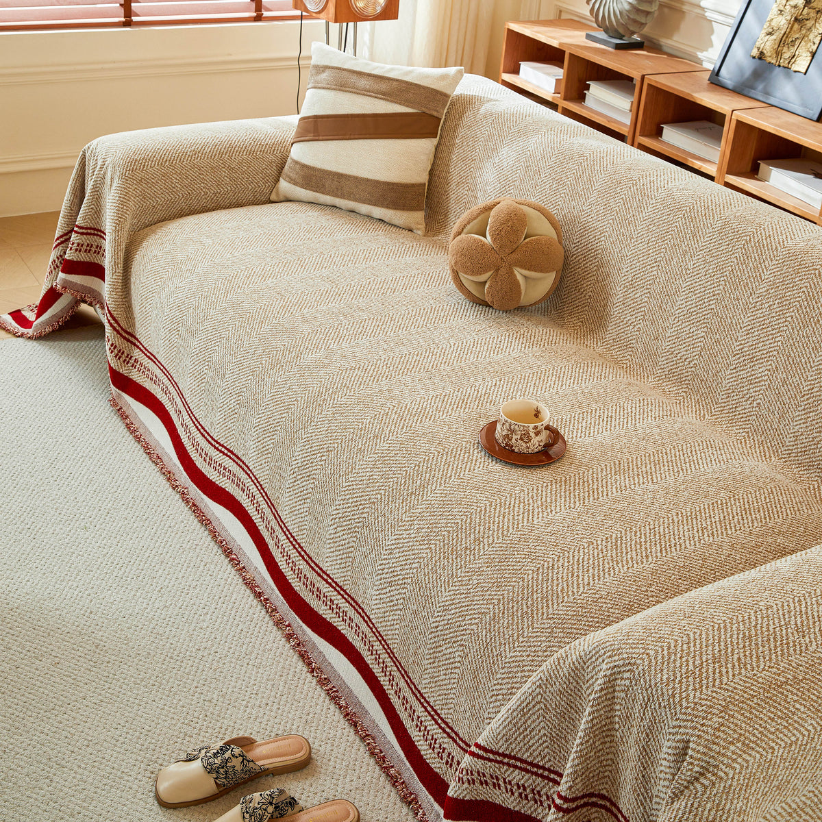 Reversible Herringbone Sofa Cover, 2-in-1 Classic British Throw Blanket for Couch