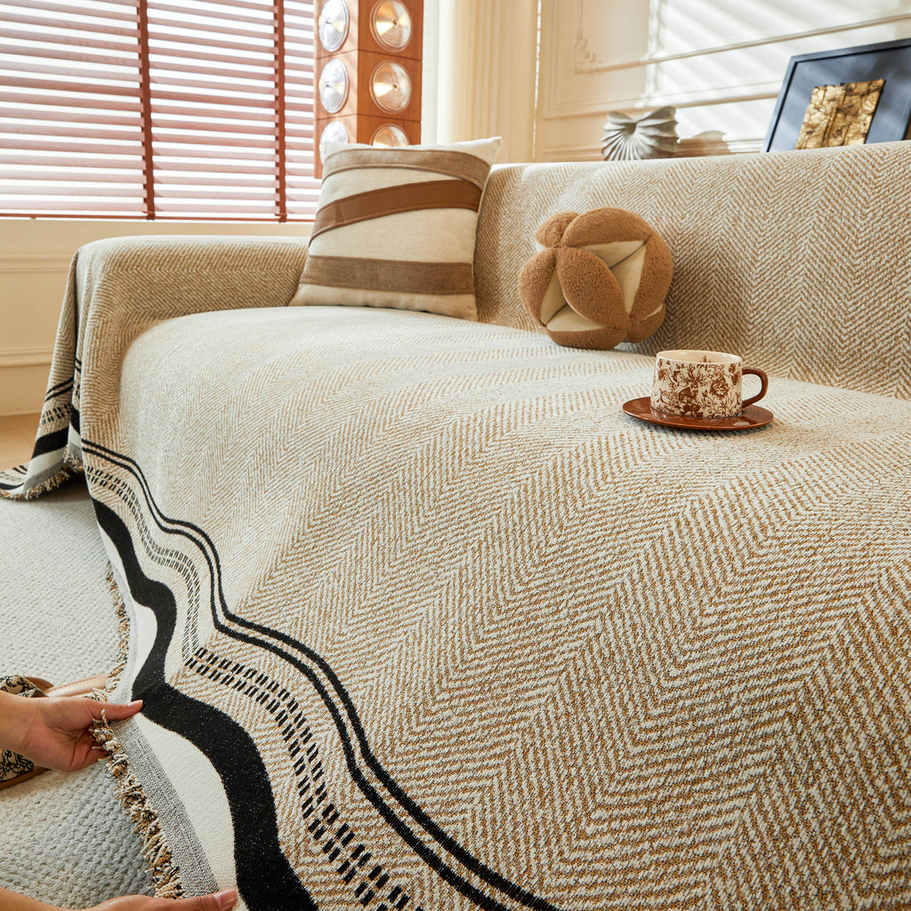 Reversible Herringbone Sofa Cover, 2-in-1 Classic British Throw Blanket for Couch