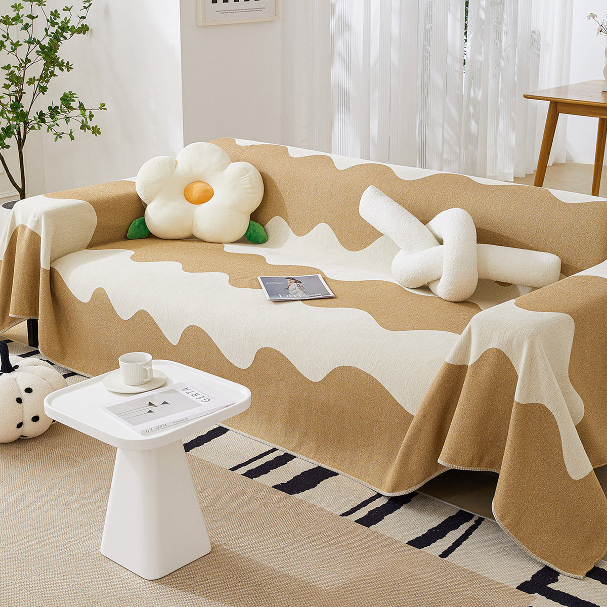 Chenille Minimalist Wavy Sofa Throw Cover, Cozy Blankets for Couch, Machine Washable Couch Protector