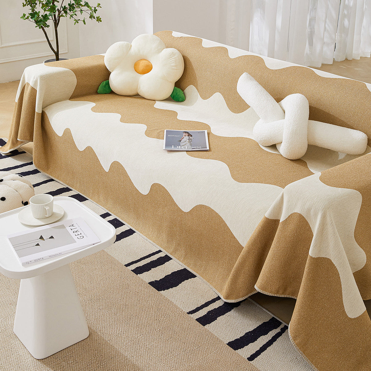 Chenille Minimalist Wavy Sofa Throw Cover, Cozy Blankets for Couch, Machine Washable Couch Protector