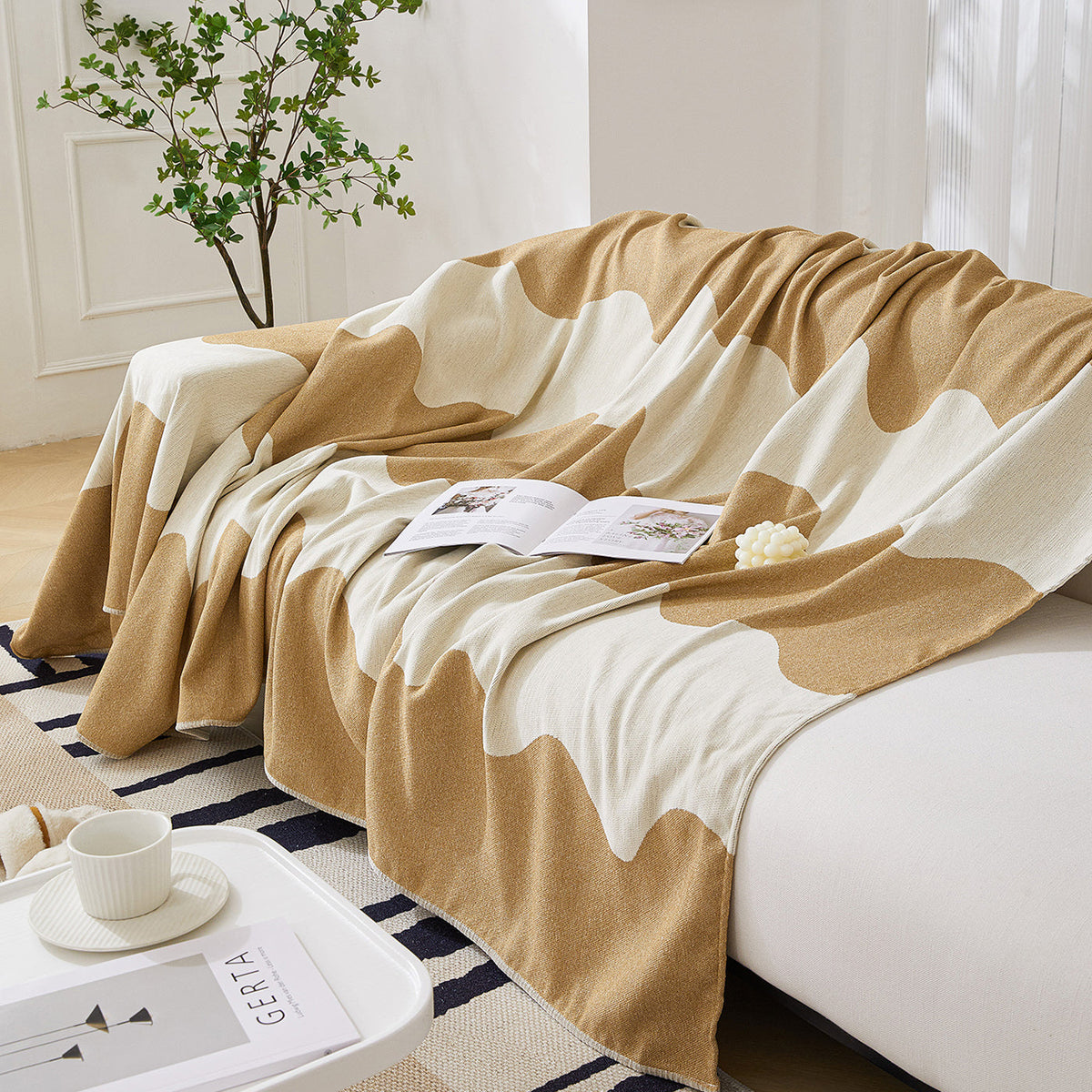 Chenille Minimalist Wavy Sofa Throw Cover, Cozy Blankets for Couch, Machine Washable Couch Protector